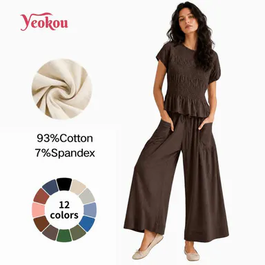 Yeokou Women's 2-Piece Boho Back to School Outfits - Cotton Smocked Top, High Waisted Wide Leg Lounge Pants with Side Pockets, Soft Fabric Hugs Skin 2 Piece Sets,sohochic