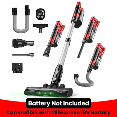【No Battery】 350W Cordless Vacuum Cleaner sultable for Milwaukee M18 Battery/for Dewalt 20v Battery/ for Makita 18V Battery, 35kPa Brushless Lightweight Stick Vacuum with 3 Mode Suction, 6 in 1 Stick Vacuum Cleaner with HEPA TOr Floor, Carpet, Car