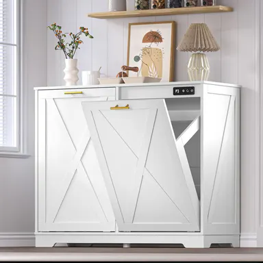 Tilt Out Trash  Cabinet for 2 Bins, Hidden Recycle Garbage Bin Enclosure, Wooden Double Laundry Cabinet with Odor Control, Negative Ion & Ozone, for Kitchen, Bathroom, Laundry Room fathers day gift ideas,dorm essentials,home decor