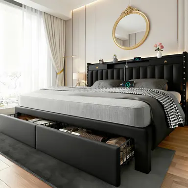 TryLazy Furniture Bed Frame with 4 Drawers and 2 USB & 1 Type-C Charging Ports, No Mattress, Upholstered Platform Bed Frame with Storage Headboard Bed Frame,No Box Spring Needed Required Easy Assembly,Full/Queen/King