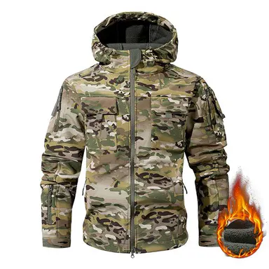 Men's Waterproof Fleece Hooded Jacket - Mock Neck, Fitted, 9 Multi-Compartment Pockets, Long Sleeves, Operator-Style Camo Navy Workwear for Outdoor Motocross
