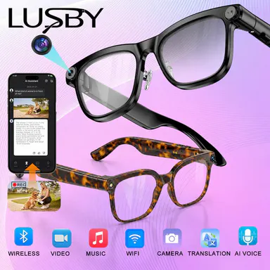 LUSBY AI Smart Wearable Glasses - 8MP Photochromic Lenses, Button-Touch Adjustment, 160+ Languages Real-Time Translation, Bluetooth Wireless Recording, UV Protection, Square Frame, Climbing Outdoor Cool Gadgets, Easter Gift for Him