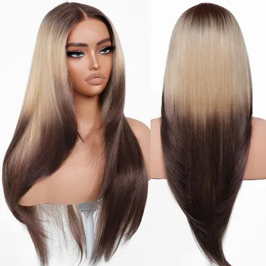 BrownBomb 26-Inch Wear and Go Layered Straight Synthetic Lace Frontal Wig - Glueless, Pre-Cut T-Lace, Pre-Plucked, Face-Framing Bangs, Perfect Middle Part, Heat-Resistant Fiber, Realistic for Daily Wear, Birthday, Wedding, Travel