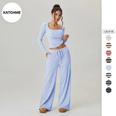 Katch Me Chic(US/CN)Women's Versatile Square Neck Stripe Long Sleeve Crop Top & Low-Rise Wide Leg Trousers Co-ord, Soft Breathable High Stretch Outfits, Summer Sets