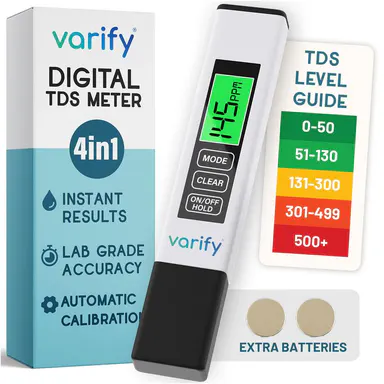 VARIFY 4-in-1 Digital Water Quality Tester - Accurate 0-9990 PPM, EC & Temp Readings, Backlight Screen, Alkaline Batteries-Powered, Compact Portable for Home, RO Systems (Halloween Sales)