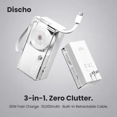 SHARGE Discho Hybrid Battery Power Bank - 10000mAh 30W GaN Fast Charging Handheld Phone Charger for Smartphones & Devices, Built-in 2ft Retractable Cable & Wall Charger, Travel-Friendly Transparent Design, Smartphone, Portable Charger