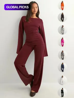 Women's New Fall Solid Fitted Round Neck Flare Sleeve Top & Elastic Waist Straight Leg Pants Loungewear Homewear Set, Long Sleeve Casual Basic Fashion for Daily Wear Outfit Suits Clothes
