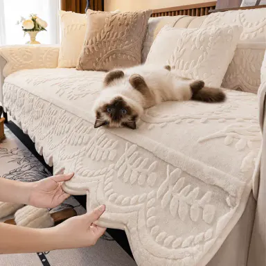 Raybee Gift Choice 1 Count Sofa Cover for 1-4 Seater NO BACK OR ARMREST Solid Color Jacquard Sofa Protector, Anti-slip Couch Bench Cover, Machine Washable Slipcover, Pet-friendly sofa Towel Mat for Home, Living Room, Dormitory, Hotel, Beige, Gray