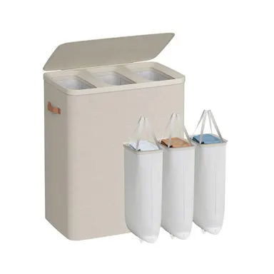 SONGMICS 2-Section Laundry Basket with Lid, Handles, Removable Inner Bags - Polyester Fiberglass Modern, Dustproof, Water-Resistant, Easy-Install Laundry Organizer for Home Use, Household Items, Apartment Accessories, Home Goods