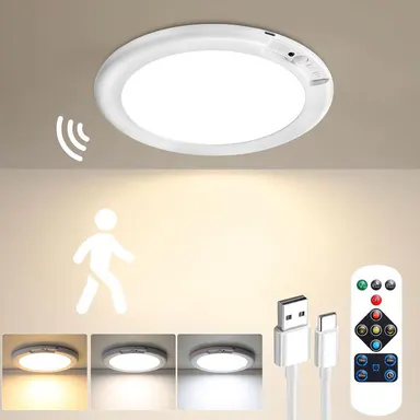 Rechargeable Motion Sensor Ceiling Lamp - Magnetic Wireless Battery-Powered Multifunctional Lighting with Remote, Auto Shut-Off, Customizable LED Color Changing Ambient Lighting, Ceiling-Mounted for Closet, Stairs, Rechargeable Lamp