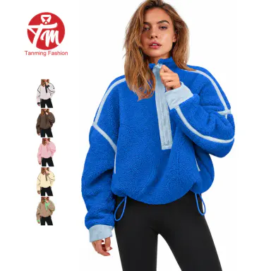Tanming Women's Casual Sherpa Fleece Pullover, Oversized Half-Zip Baggy Sweatshirt, Long Sleeve Layering Top with Pockets, Hoodie, Cozy Breathable Outfits, Casual Pullover Tops, Party, Polyester, Layering Outfits, Work, Cute College Girl Clothes, College