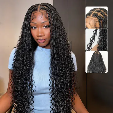 Boho Braided Wig 36Inch Full Lace Premium Synthetic Knotless Box Braid Wig with Baby Hair Bohemian Curly Ends