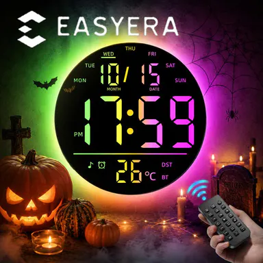 EASYERA 10\" Large Circle Digital Wall Clock with Remote Control, Music-Sync, Round clock with RGB Atmosphere Lights with 11 Scenes Mode, Dual Alarms, Timer Clock for ADHD, Focus Tool, Classroom, Game, Halloween Decor Auto Dst Adjustment