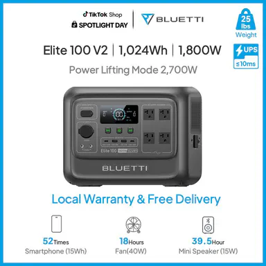 BLUETTI Elite 100 V2 1024Wh Portable Power Station, LiFePO4 Battery Solar Generator w/ 4 1800W AC Outlets (3600W Surge) Backup, 35% Smaller for Camping, Outages (Solar Panel Optional)