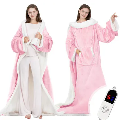 VUSIGN Flannel Fleece Wearable Heated Blanket (52in×72in) - Full Body Electric Heated Robe with Foot Pocket, Sleeves, 6 Heat Levels, 12-Hour Timer Auto Off, Machine Washable - Gifts for Women, Father’s Day Gift for Cosy Winter Use