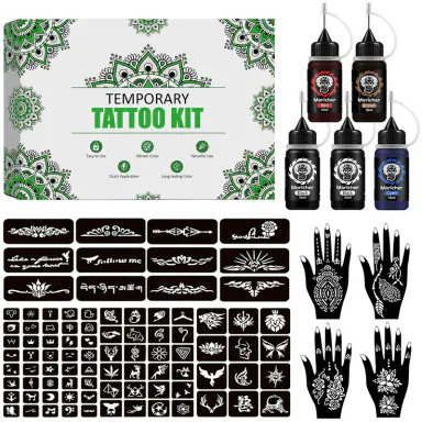 Joxpring Temporary Henna Kit - 5 Bottles Liquid Inks, 96 Stencils, Tattoo Supplies, Fake Freckles, Water Resistant, Long-Lasting, Easy Apply, Skin-Friendly, Realistic Temporary Tattoos, All Skin Types, Party Gifts for Weddings & DIY Art, Tattoo Kit, All-N