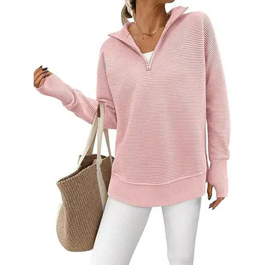 PRETTYGARDEN Women's Long Sleeve Quarter Zip Pullover Sweater Casual Loose V Neck Collared Ribbed Knit Jumper Tops Thumb Hole Cozy Ribbed Knit Soft Warm Trendy Colors for Every Season