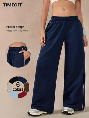 TIMEOFF Women's Oversized Loose Wide-Leg Track Pants - Adjustable Elastic Waist, Side Trim, Pockets, Comfy Stretch, All Season Workout Sweats for Lounging, Gym, Women's Clothing, Bottoms