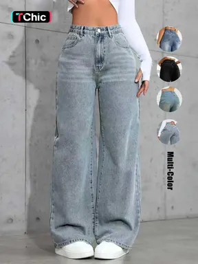 Women's Fashion Chic Minimalist Basic High Waist Wide Leg Washed Woven Denim Jeans, Comfortable Fit Pants for All Seasons, Womenswear