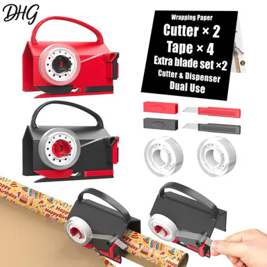 DHG 2-Pack Dual-Use Wrapping Paper Cutter & Tape Dispenser Kit, Sliding Roll Slicer Holder with 4 Tape Rolls & 2 Spare Blades, Multifunctional Stationery Cutting Supplies for Home Office, Handles Cellophane Neatly, Fits Kraft Paper, Holiday