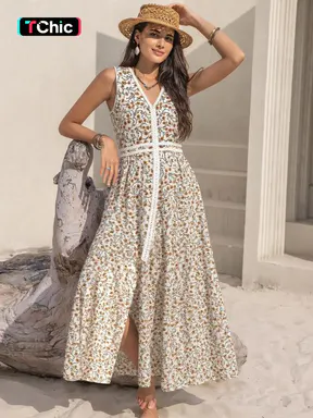 A long, sleeveless, casual vacation dress with a lace collar for womenboho easter beach outfits hawaii Coachella Music Festival Tropical vacation