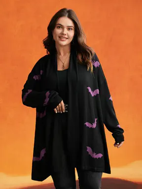 BloomChic Plus Size Women's Knit Cardigan - Goth Bat Print Open Front Longsleeve Sweater, Soft Rayon Layering Top, Casual Curvy Clothing, Plus Size Fashion, Women's Clothes, Cardigans