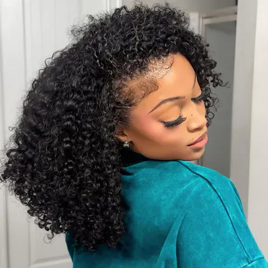 [3 In 1 Half Wig] Kinky Curly Half Wig Human Hair Beginners Friendly 180% Density Machine Made Burmese Curly Half Wig and V Part Wigs For Women Natural Color