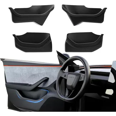 YONZEE Door Storage Organizer Set for Tesla Model Y/3 Highland - Car Accessories with 4PCS TPE Enhanced Full Cover Door Slot Protection, 2 Emergency Pull Aids, Rinse-Clean Trays, Scratchproof, Water Resistant, Easy Installation, Cars Accessories
