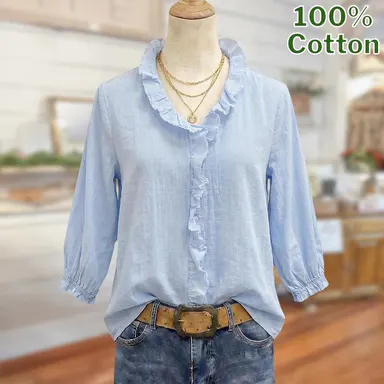 SageVell 100% Cotton Ruffled V-Neck Shirt Half Puff Sleeves Light Blue Button Down Casual Office Top Buttoned Collared V-Neck Womenswear Basic Cute Office Outfits Women