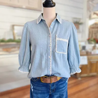 SageVell 100% Cotton 3/4 Puff Sleeve Chambray Shirt - Blue/Pink/Green Collared Blouse with White Trim, Cottagecore Essential Top for Women