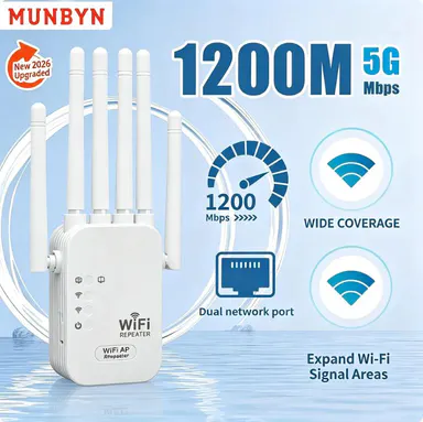 MUNBYN WiFi Range Extender 2026 - 1200Mbps Dual Band Repeater (5GHz/2.4GHz) WiFi Booster, Covers Up to 10000 sq.ft, Connects 50 Devices, Ethernet Port for Home Use (Range Extender Repeaters), Dual Band Repeaters