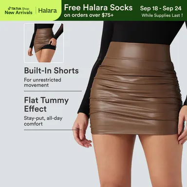 【Creator‘s Pick】High Waisted Tummy Control Ruched Curved Hem 2-in-1 Fleece PU Mini Bodycon Skirt