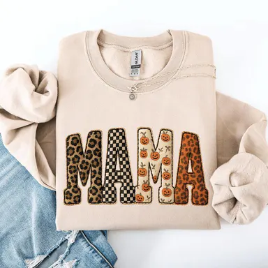 Mama, Halloween Pattern, Leopard Print, Checkered, Pumpkin Sweatshirt, Spooky, Witch, Pumpkin, Halloween, Crew Neck, Women's, Crewneck