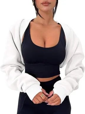 YOUSIFY Women's Bolero Shrug Hoodie - Long Sleeve Cropped Sweatshirt, Thumb Hole, Open Front, Y2K Style, Basic Lady Clothes, Korean Casual Workout Crop Top