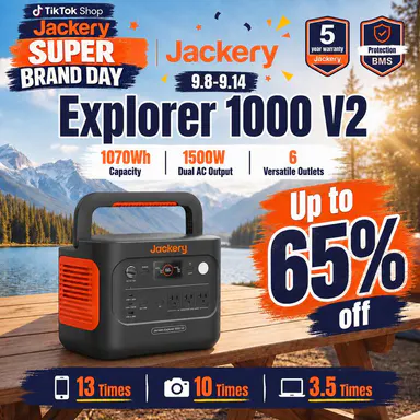 The Jackery Explorer 1000 v2 portable power station features a 1070Wh lithium iron phosphate battery, 1500W output power, and 1-hour fast charging (a 5-meter extension cable is included free of charge).