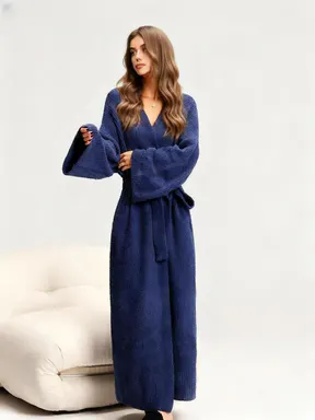 【COZY Soft Plush Feel】Women's Solid Color Thickened  Thermal Lined Long Sleeve Drop Shoulder Bathrobe, Loose Casual Soft Comfortable Thermal Warm Pocket Belted V Neck Dressing Gown for Women, Ladies Sleepwear Loungewear for Winter