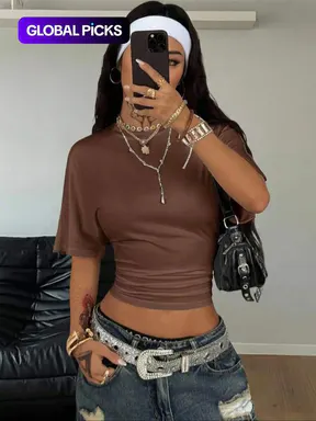Women's Summer Casual Everyday Y2K Basic Minimalist Loose Ruched Cropped Short Fit T-Shirt, Elastic Stretchy Street Style Tee Casual Tee Shirts for Daily Wear & Back to School Streetwear, Top #GLOBAL PICKS