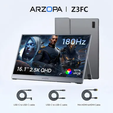 ARZOPA  Z3FC 16.1\" Portable Gaming Monitors – 2.5K QHD – 180Hz@DP, 144Hz@Hdmi, Ultra Slim External Display for Laptops Gaming PC PS5 Xbox Mac with Built-in KickStand & Dual Speakers – Gray