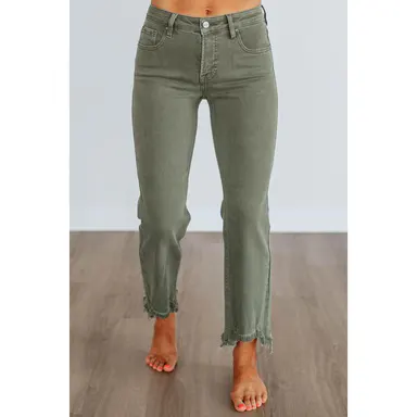 Women's Neona Risen Straight Jeans, Dark Olive, Spandex Bottom with Zipper