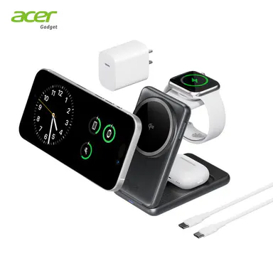 Acer S3 3 in 1 Wireless Charging Station, MagSafe Charger Stand Compatible, Qi2 15W Certified Palm-Sized Foldable Charger for iPhone 17/16, Apple Watch, AirPods (Non-Battery, Adapter Included) summerwins,back to school tiktokshopbacktoschool Grey