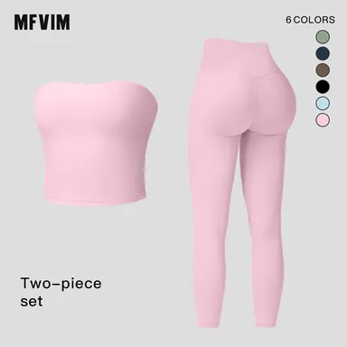 Women's Solid Color Crop Tube Top & High Waist Leggings Sports Set by MFVIM - Casual, Comfortable, Breathable Two-Piece Outfit for Yoga, Gym, Workouts, Running, Ladies' Summer Sportswear, Activewear,summerwins,travel essentials,camping essentials