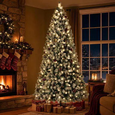 Sweetcrispy Pre-Lit Snow-Flocked Artificial Christmas Tree - 250 Warm-Toned LED Christmas Lights, 8 Light Modes, Full Branches Support Decor, Heavy Metal Foldable Stand Stays Put, Home Bedroom Holiday Decor Supplies