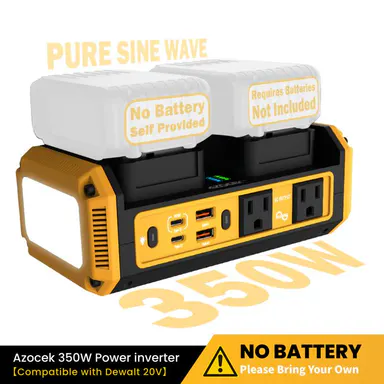Azocek 350W Power Inverter Pure Sine Wave Compatible with DeWalt 20V Battery (No Battery), 7A Fast Charger, Portable Power Station with 2 AC Outlets, 2 Type-C (140W/65W), 2 QC USB Ports, 600LM LED for Camping, Outdoor Work, Emergency Power