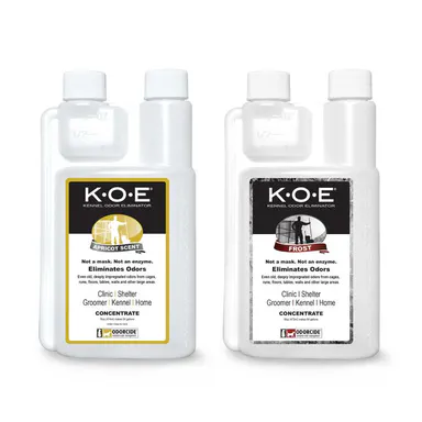 K.O.E. 2 Pack - Kennel Odor Eliminator 16oz Concentrate Bundle - Pet Deodorizer, Non-Enzymatic Formula (KOE) Frost, Apricot, Fresh, Original Scents, 32 oz Total