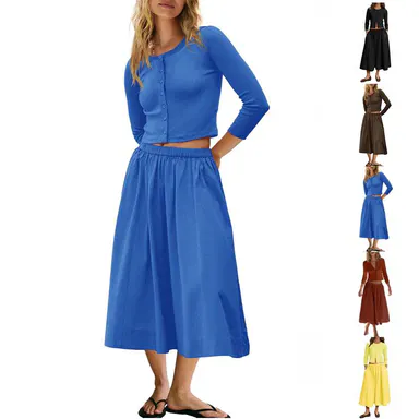 JovenPara Women's 2-Piece Lady Loungewear Set - Ribbed Button-Down Cardigan, Elastic Waist Round Neck Casual Matching Set, Ideal Gift, Two Piece Set