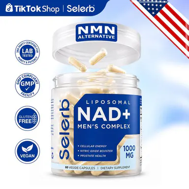 Selerb Liposomal NAD+ Supplement for Men - NMN, Trans-Resveratrol, CoQ10, Maca, Ashwagandha Antioxidants - Dairy Free, Non-GMO Lifestyle Energy Boosters for Feel Good Energy, Longevity Support - 60 Caps Clean Label Vitamins