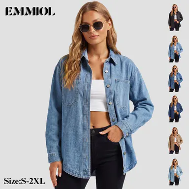 EMMIOL Women Oversized Denim Shirt Jacket Denim Shackets Long Sleeve Button Down Distressed Vintage Blue Jean Jacket Streetwear Summer Vibes Back to School Casual Basic SohoChic Womenswear