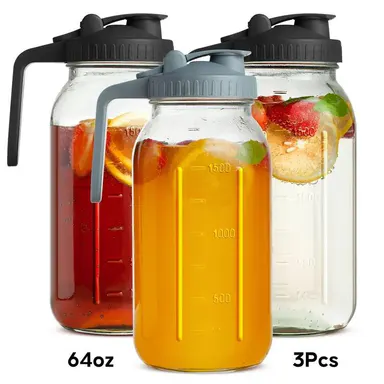 3PCS Aesthetic Glass Water Kettle Set (64OZ) - Mason Jugs, Wide-Mouthed Leak-Proof with Lid & Spout, Kitchen Supplies, Glass Container for Breast Milk Beverages, Tea & Coffee Jar with Scale Tumbler, Straws & Fall-Themed Oak Sip Lid