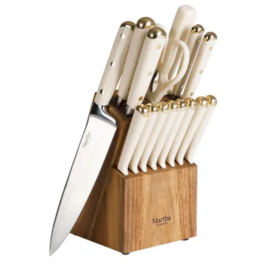 Martha Stewart 16 Piece Lockton High Carbon Stainless Steel Cutlery Kitchen Knife Block Set W/ ABS Tripe Riveted Forged Handle Acacia Wood Block