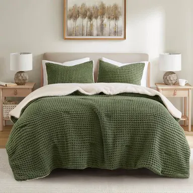 Ultra Soft Chenille Waffle Weave Bedding Set - Oeko-Tex Certified, Multi-Size (Twin/King/Cal King), Plush Sherpa Back, Tailored Sham Look, Skin-Friendly, Machine Washable Easy-Care, Winter-Ready Plain Comforter Set, Bedding Sets